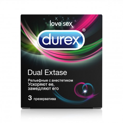 Рельефные презервативы с анестетиком Durex Dual Extase - 3 шт.